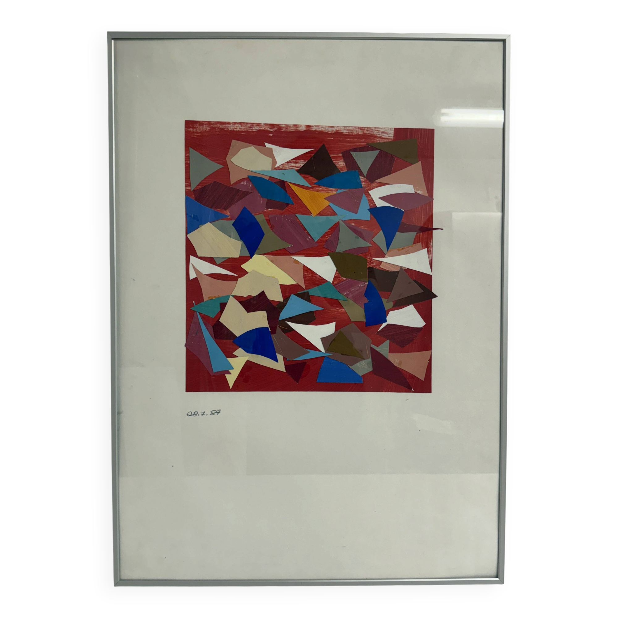 Helmut Dittmann – Geometric Abstract Collage, Vivid Multicolour on Red 1987