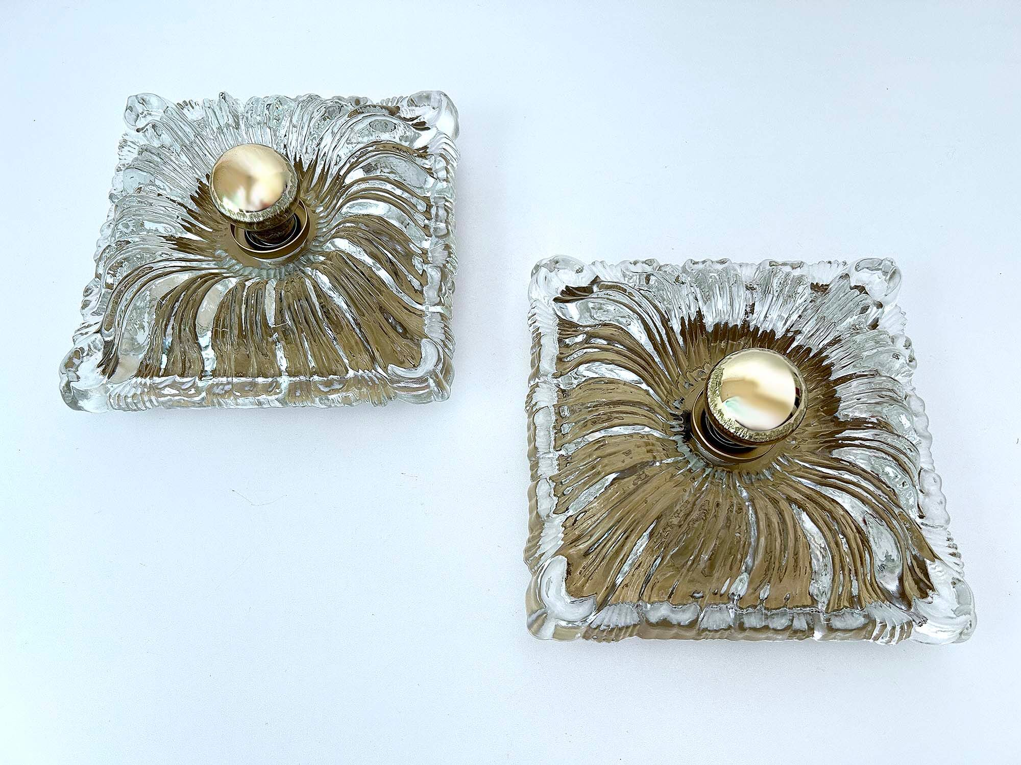 Pair large vintage architectonic wall lamps, 60s, glass