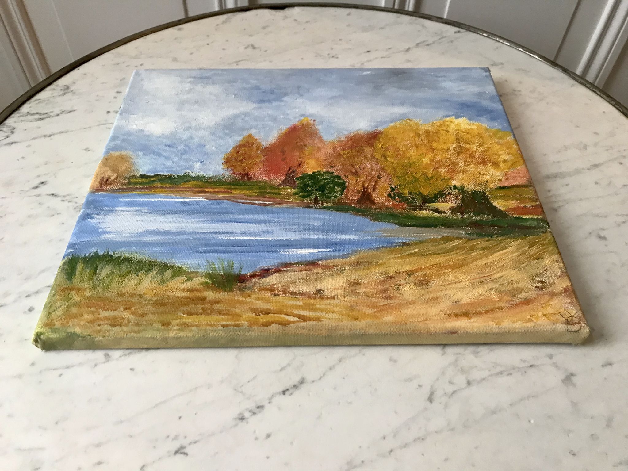Oil painting on canvas autumn landscape and vintage lake
