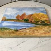 Oil painting on canvas autumn landscape and vintage lake