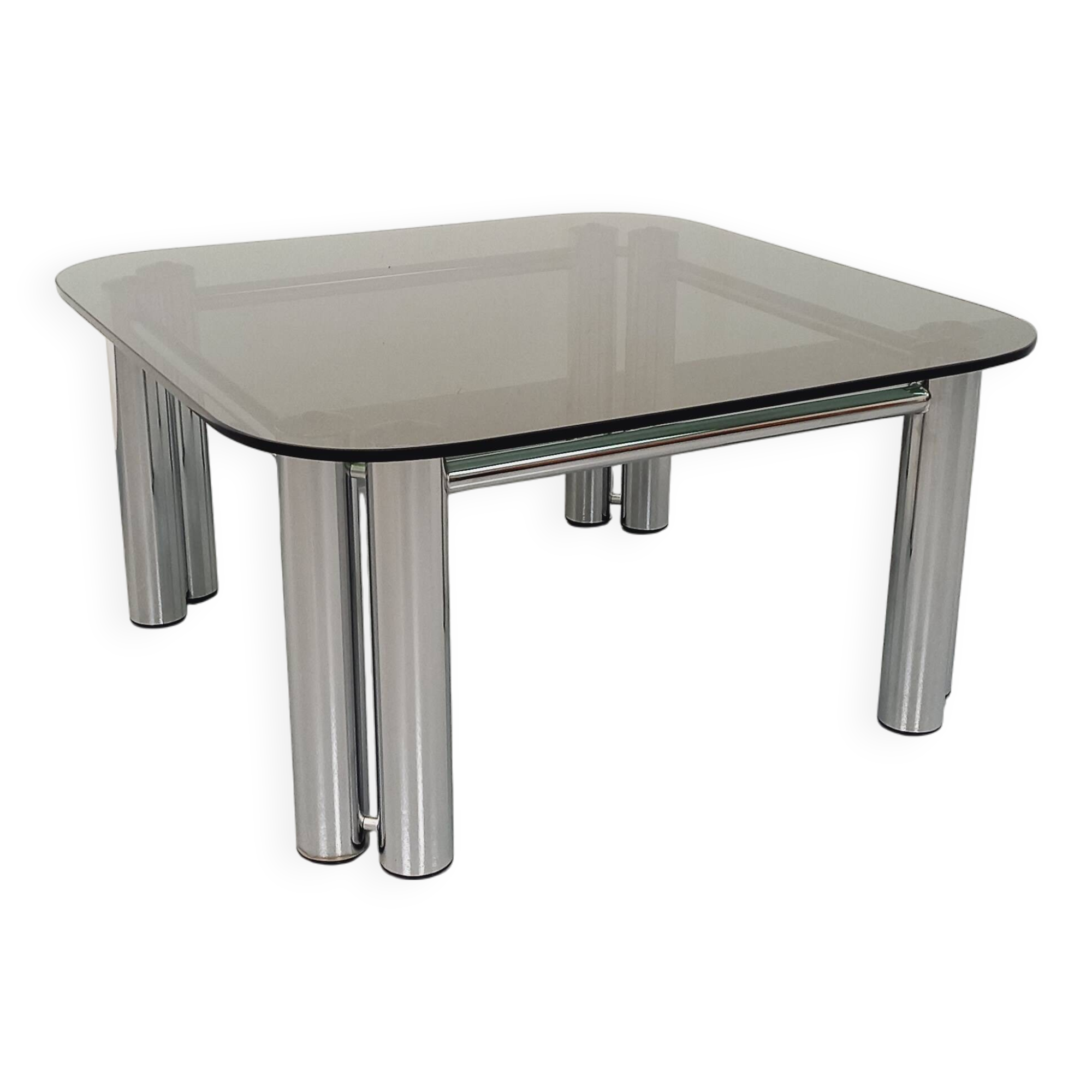 Vintage Italian Space Age square coffee table in smoked glass and chrome metal