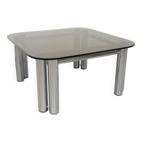 Vintage Italian Space Age square coffee table in smoked glass and chrome metal