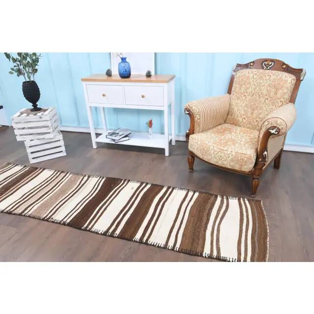 Vintage Turkish Oushak Handmade Cotton Beige Wool Runner Rug 71x275