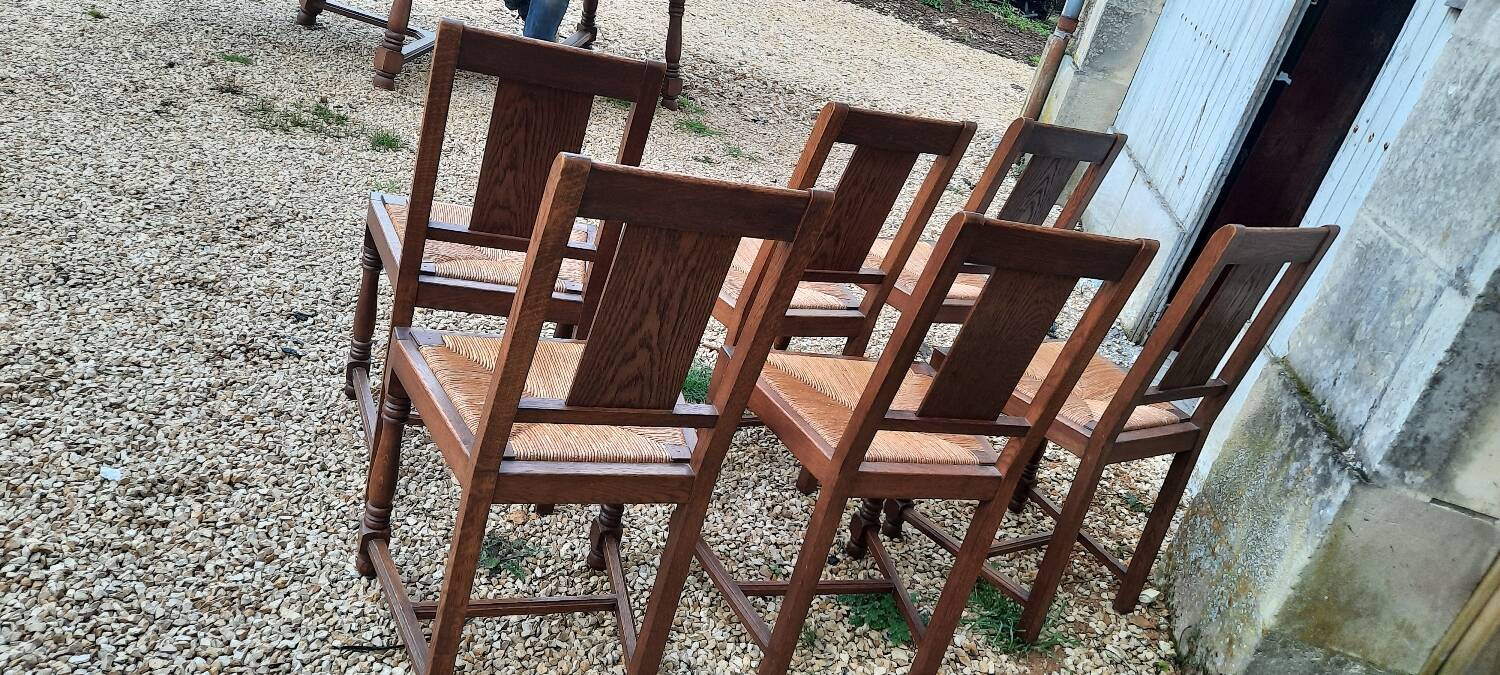 6 chairs and two brutalist armchairs