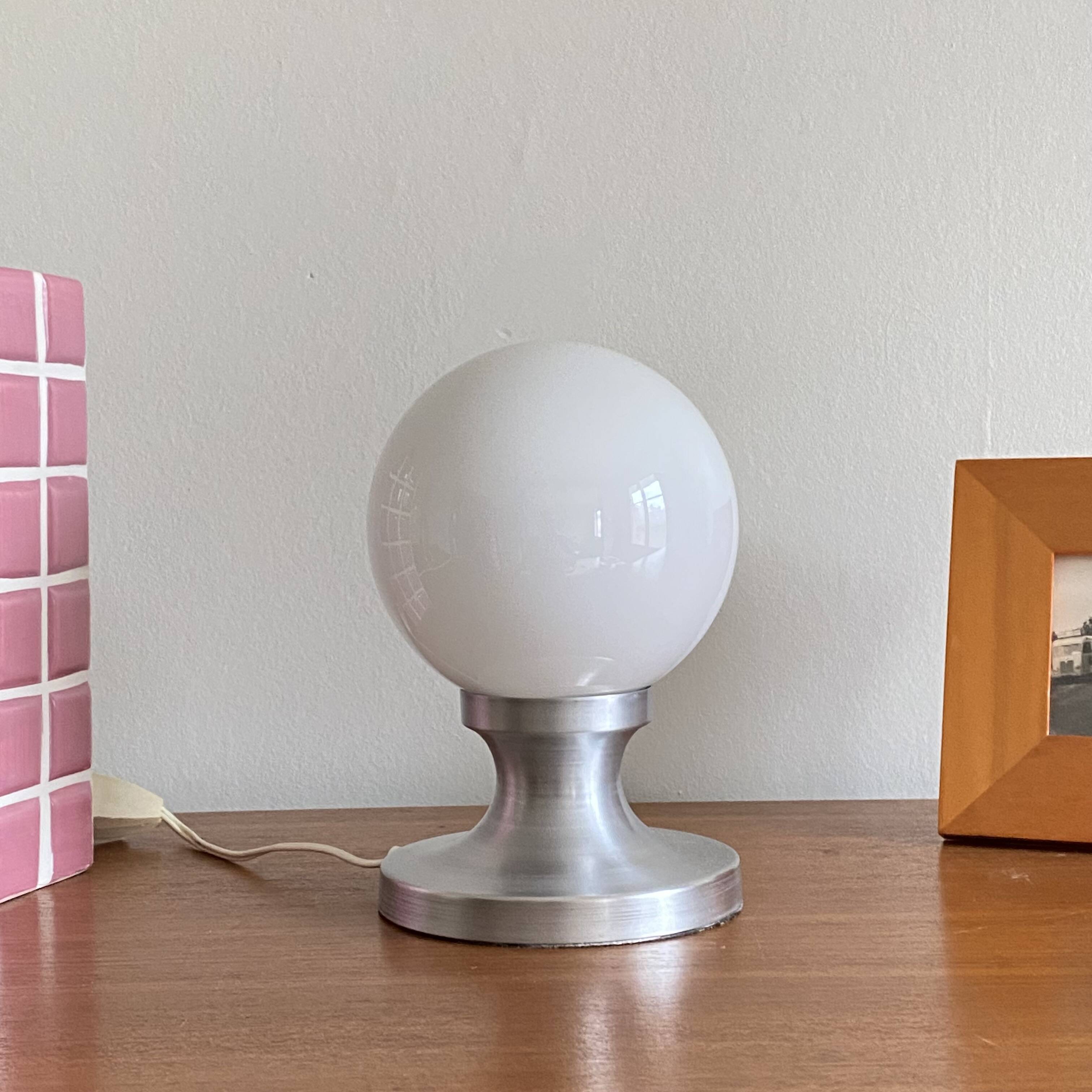 Small vintage table lamp in aluminum and white opaline glass globe LAMP-7362