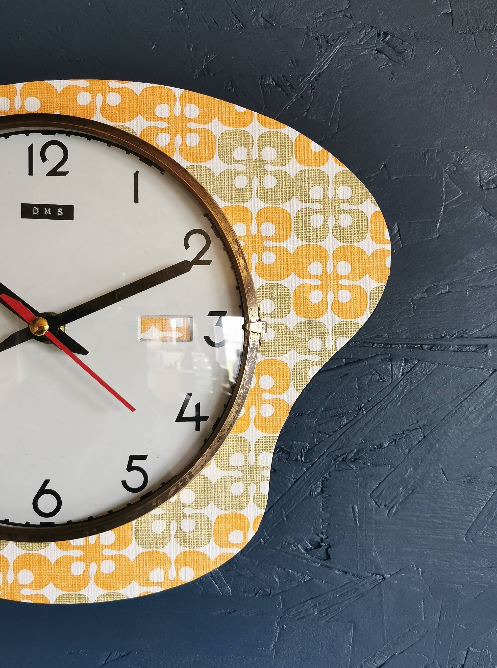 Vintage formica clock silent asymmetrical wall pendulum "DMS green orange"