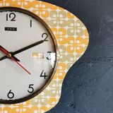 Vintage formica clock silent asymmetrical wall pendulum "DMS green orange"