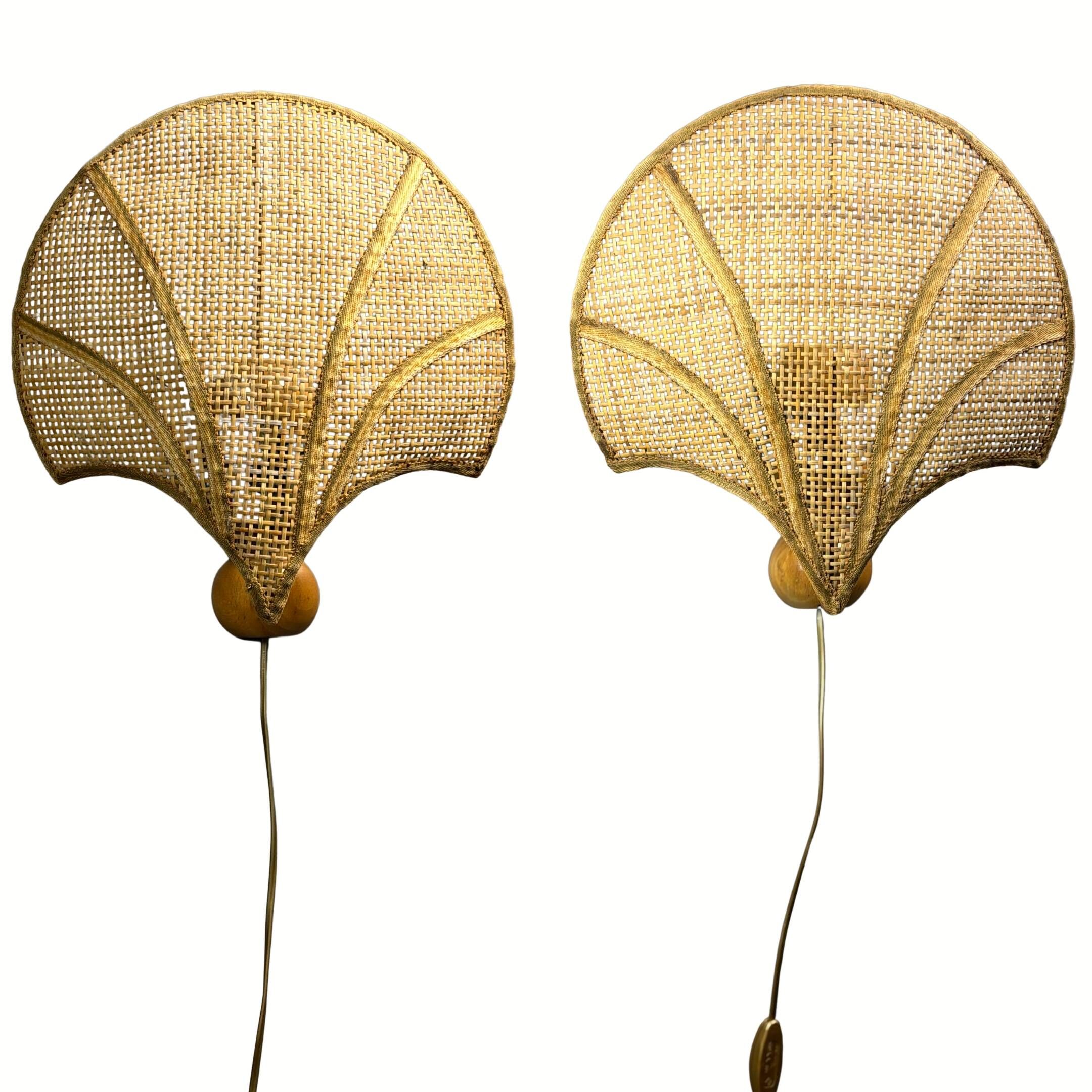 Pair midcentury Italian rattan wicker pine brass scallop wall sconces 1970s