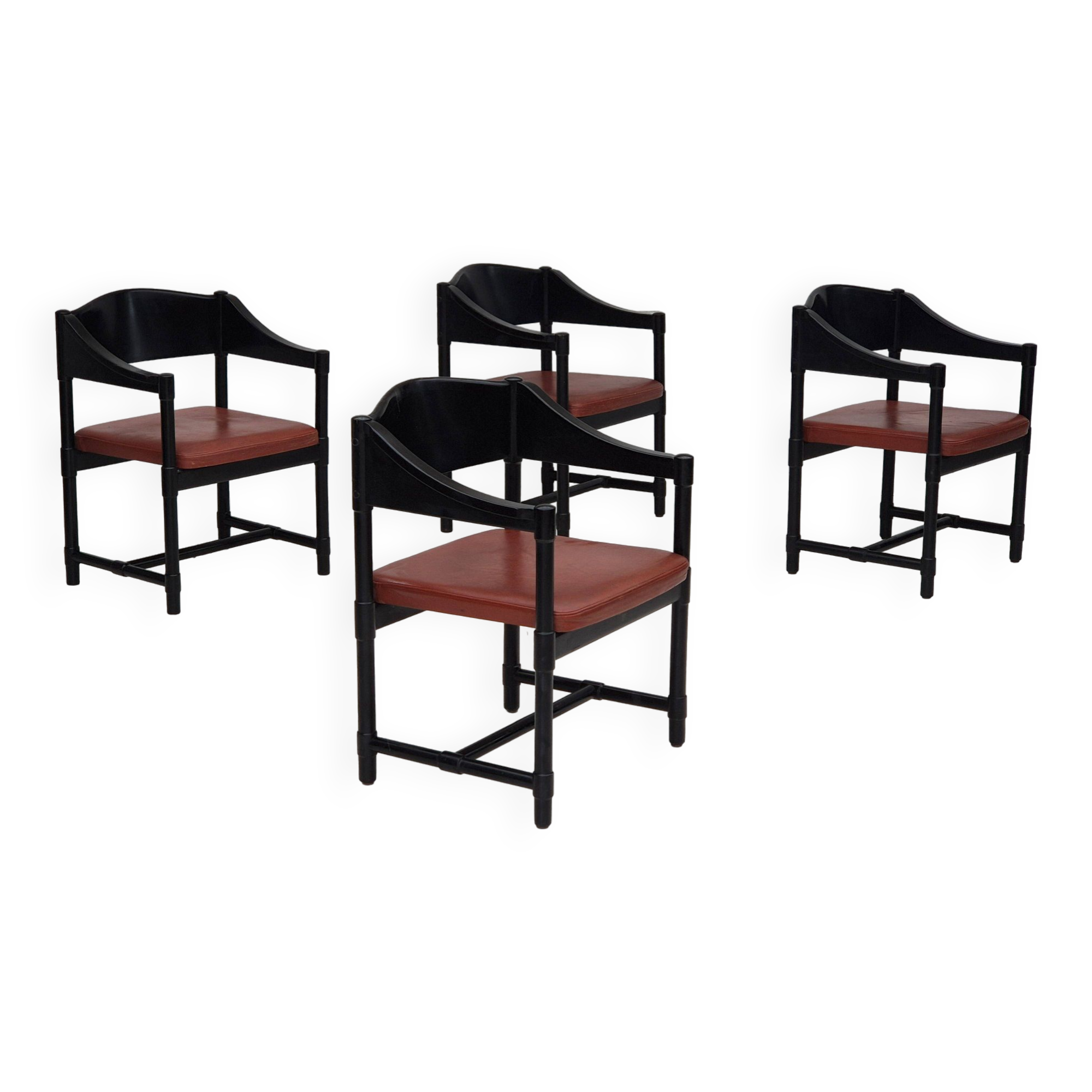 1970s, set of 4 Finnish armchairs by Lepokalusto, original condition, birch wood, leather.