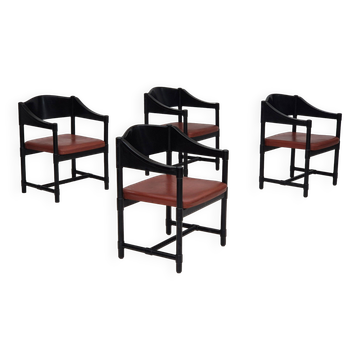 1970s, set of 4 Finnish armchairs by Lepokalusto, original condition, birch wood, leather.