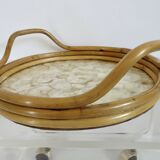 Plateau rond en bambou et nacre Capiz des Philippines, made in Italy, 1970