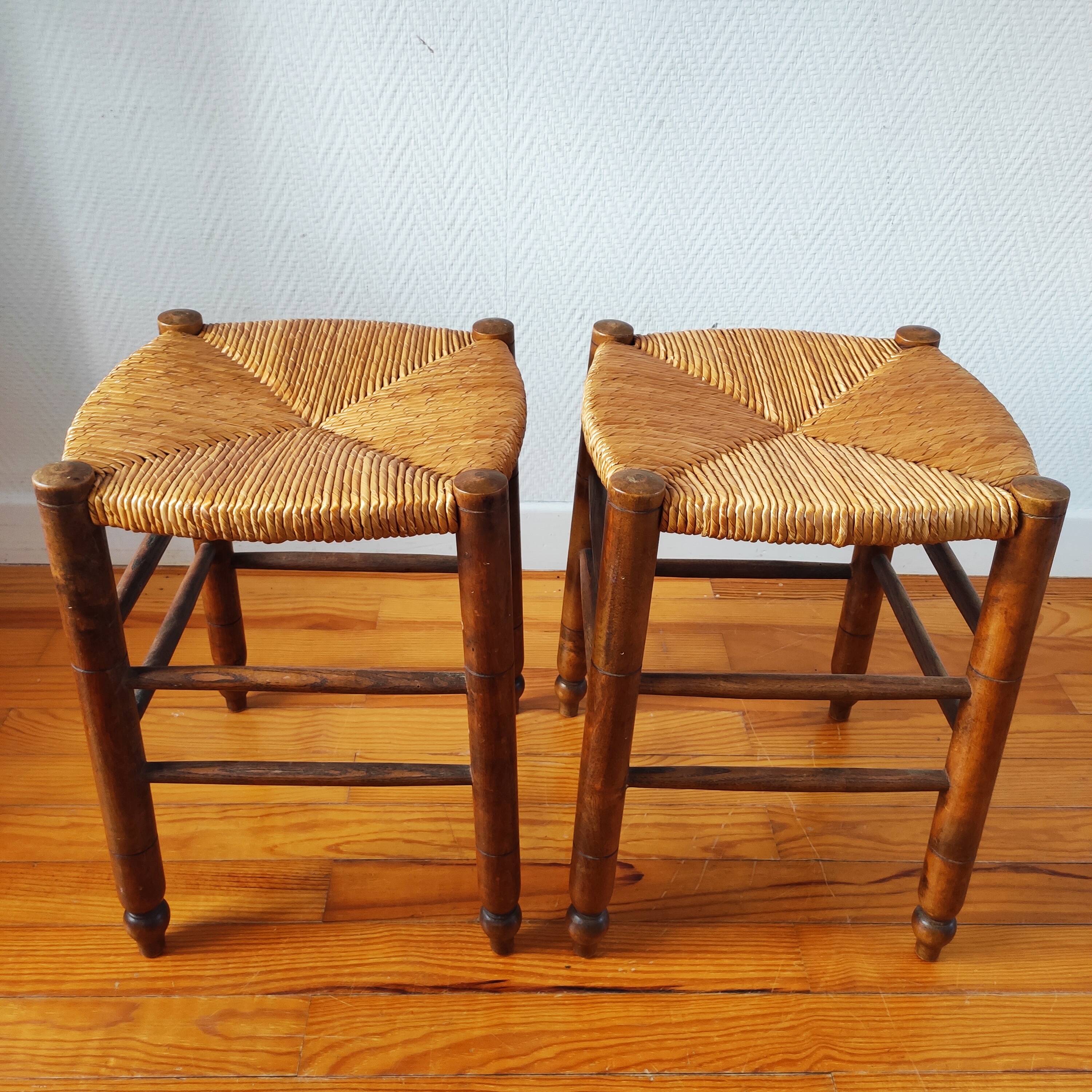 Pair of stools with straw seats, 1960