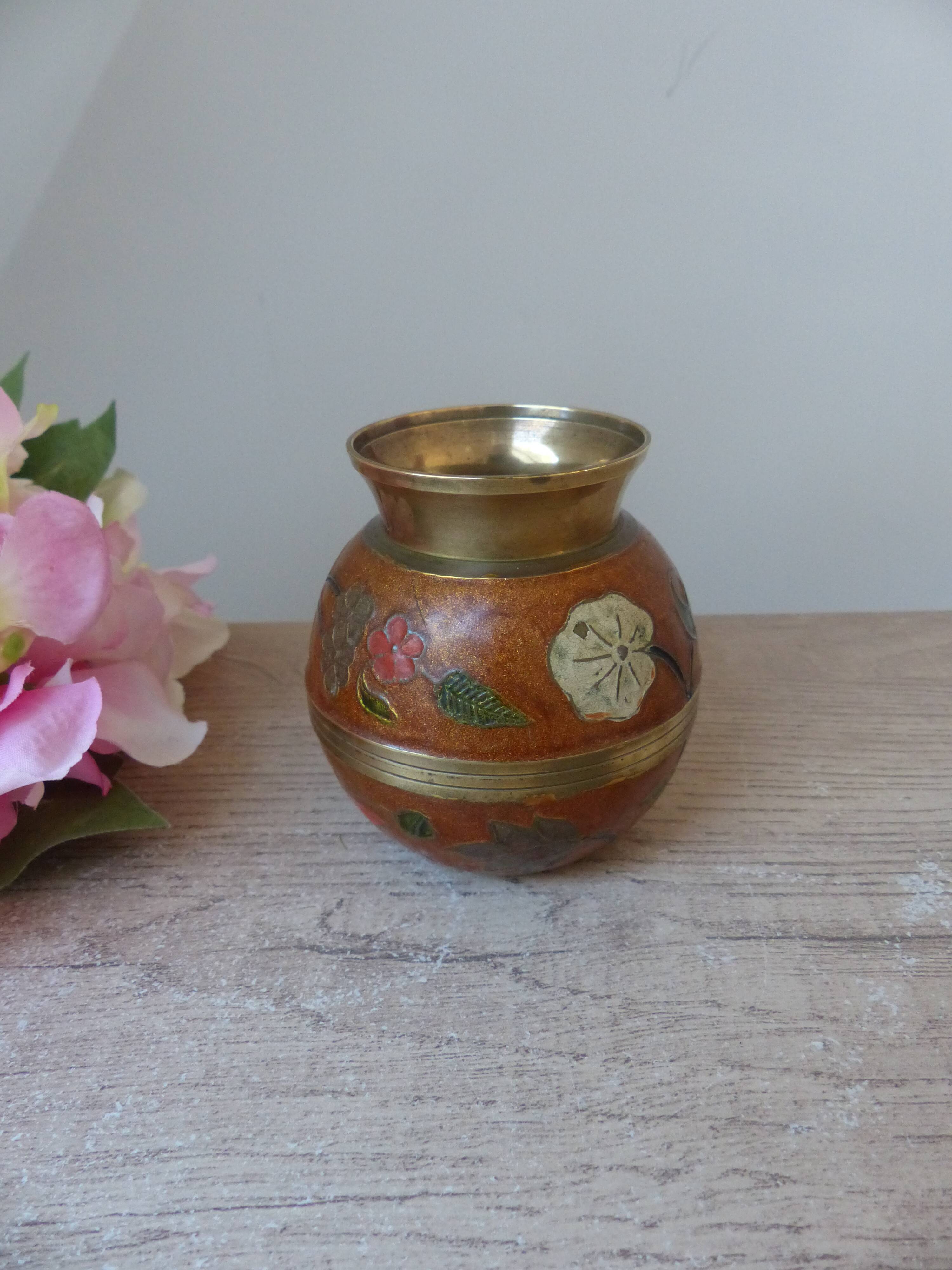 Old small brass and enamel vase with floral decoration, Small artisanal brass pot
