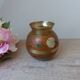 Old small brass and enamel vase with floral decoration, Small artisanal brass pot