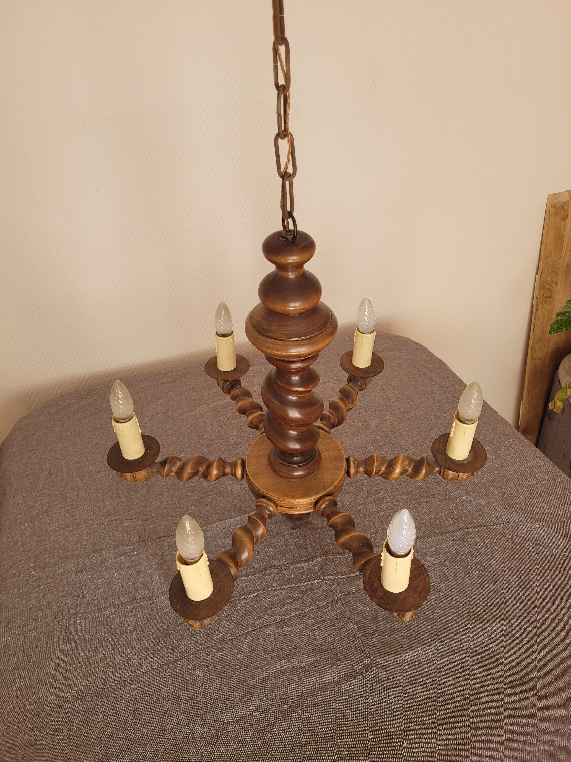 6-branched wooden chandelier from the 60s