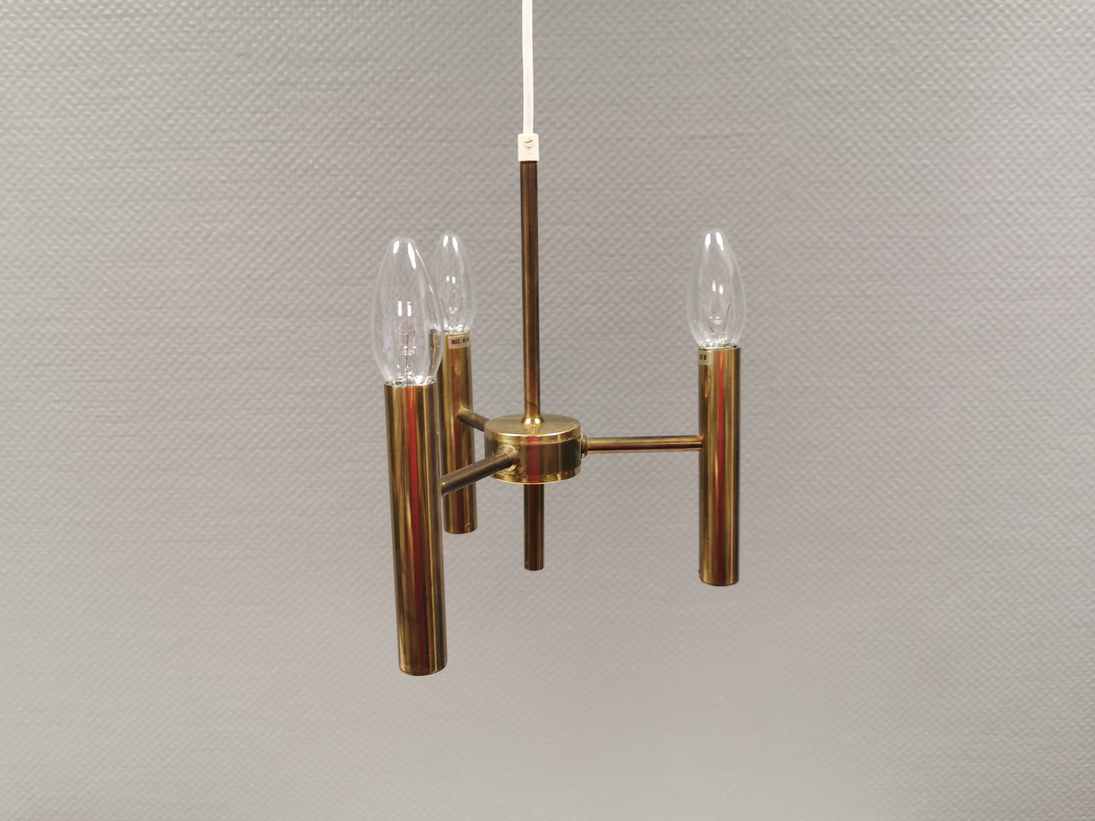 Chandelier with 3 light sources, made of metal and brass. 1960-70s