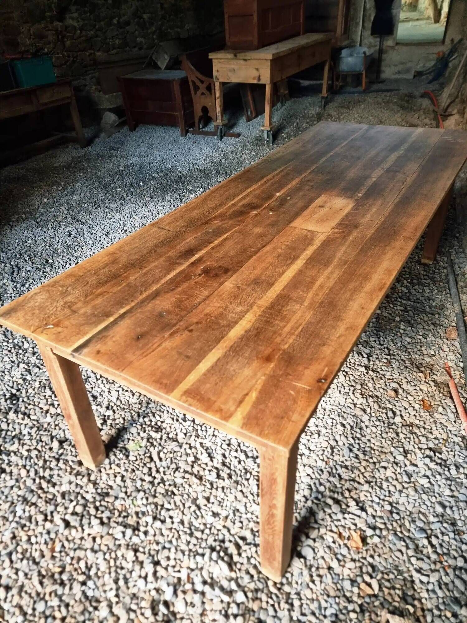 Antique French oak dining table, early 1900s - large farmhouse table for 12 people
