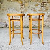 Pair of vintage bar stools, curved wood and cane