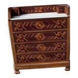 Commode ancienne marquetée, plateau en marbre