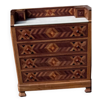 Commode ancienne marquetée, plateau en marbre