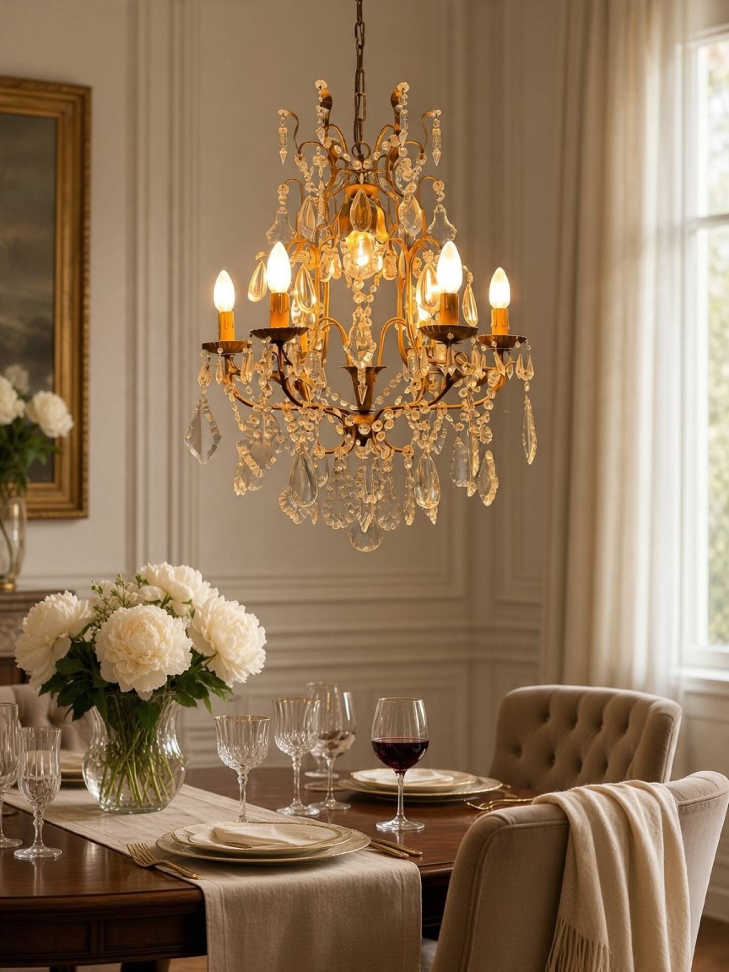Large Gilded Florentine Tole and Crystal Chandelier, 1950s