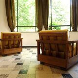Ensemble de 2 fauteuils club Art Déco cubiste en bois et velours, Allemagne 1920