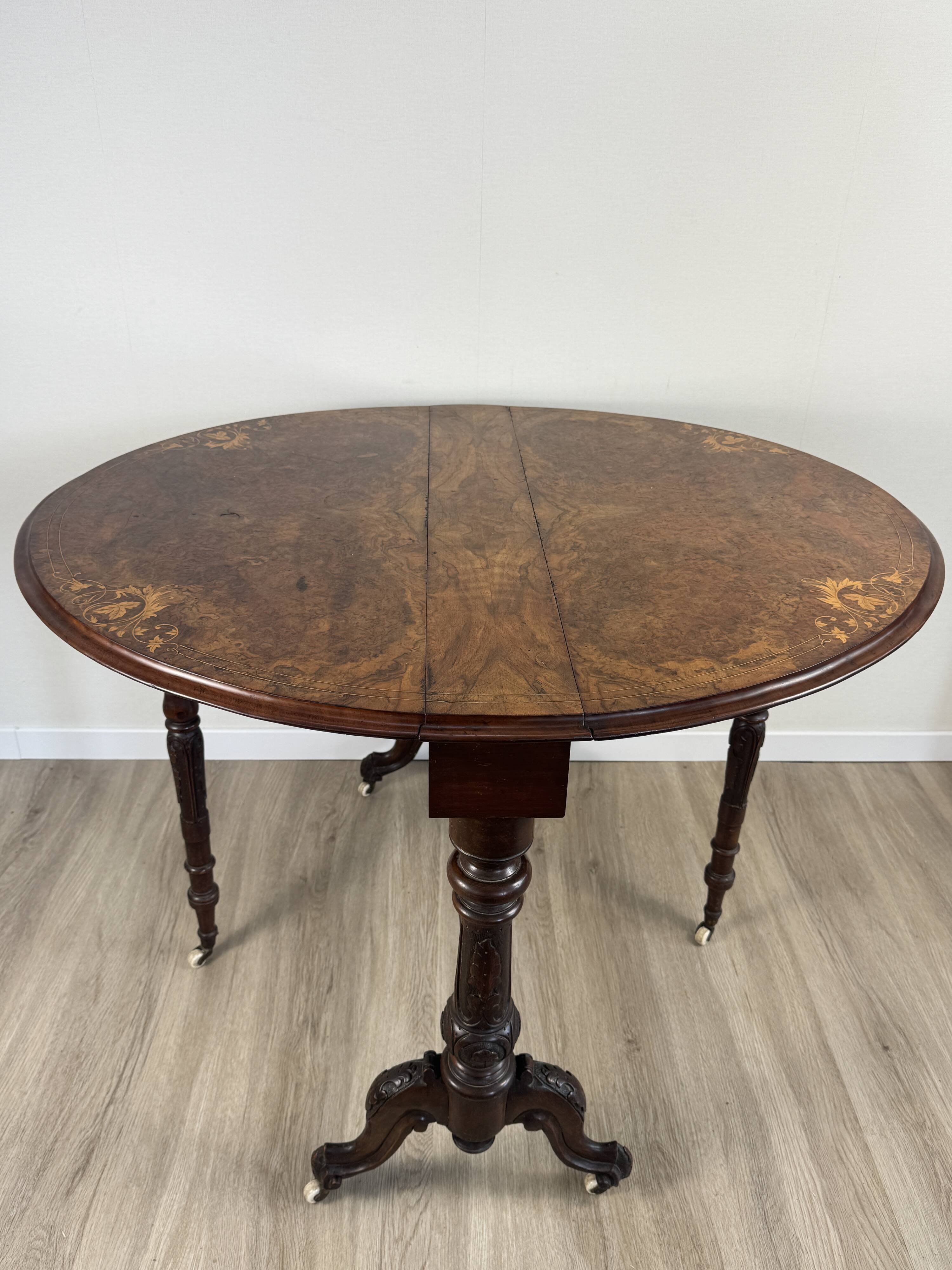 Victorian Sutherland table — walnut burl inlaid top