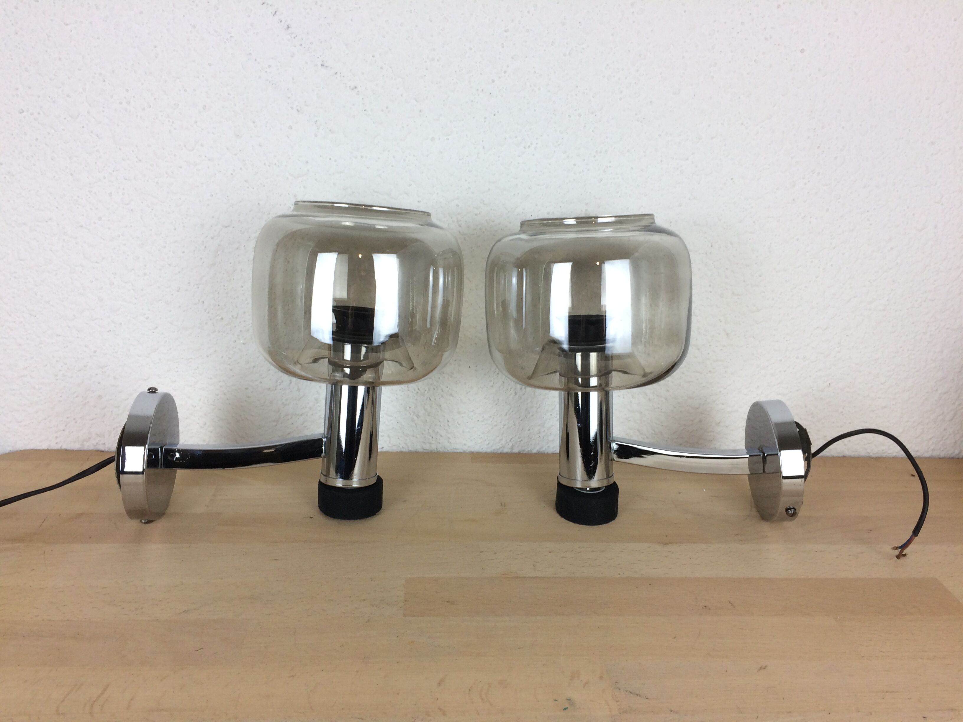 Pair of chrome sconces and smoked glass space age, 70s