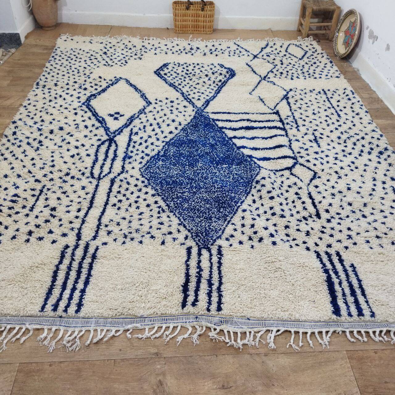 Vintage Azilal rug 310x246 cm - Blue geometric patterns