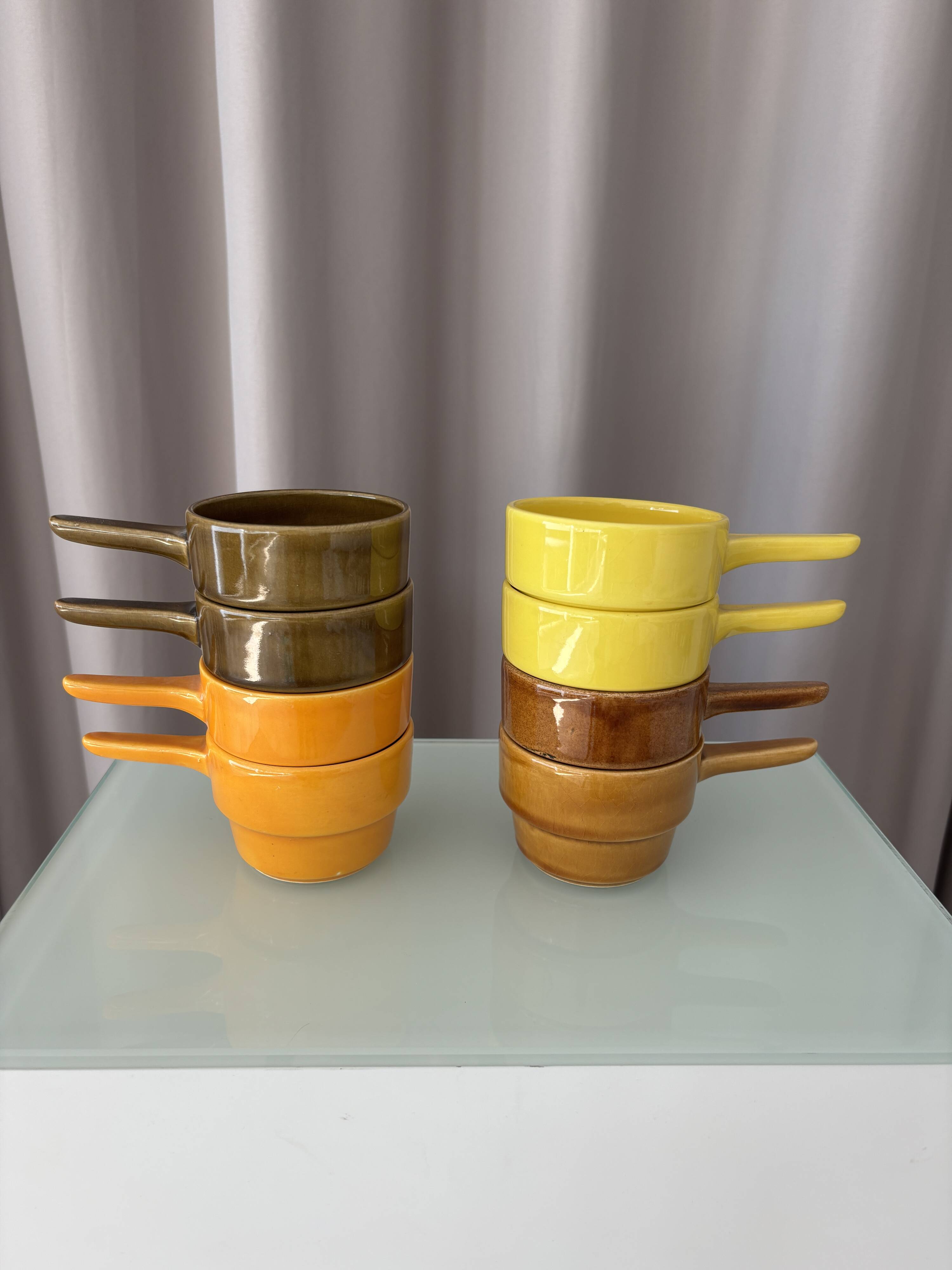 Set of 8 Vintage Stackable Ceramic Coffee Cups with Handles – 1970s