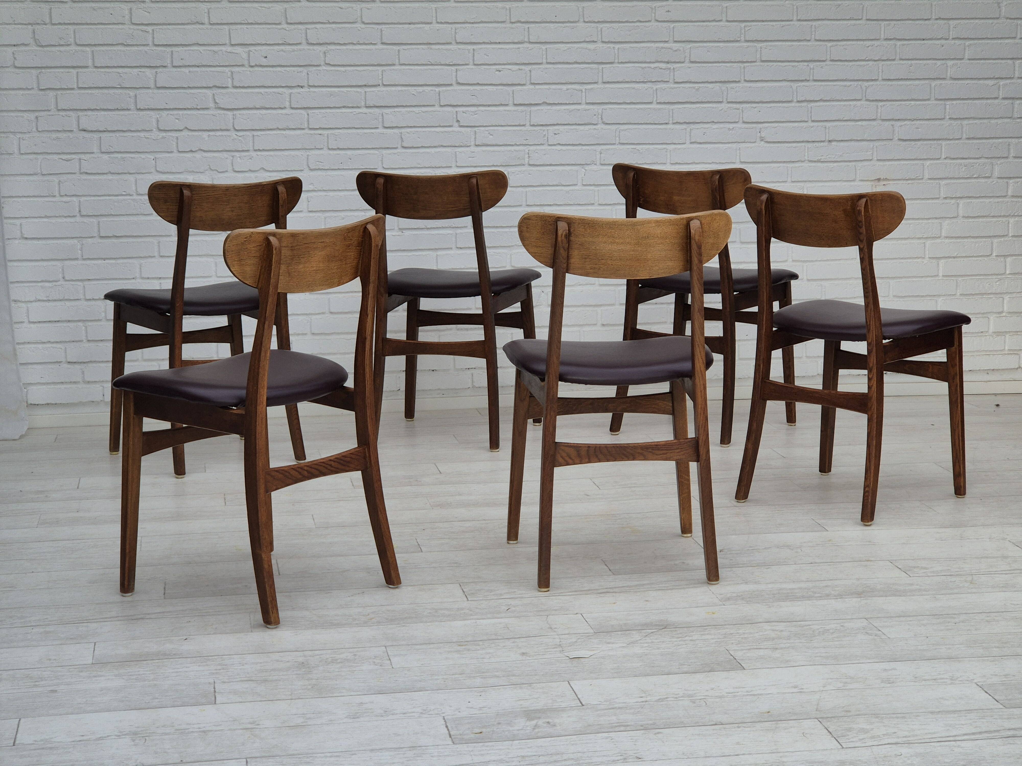 1960s, set of 6 Danish dinning chairs, solid oak wood, reupholstered.