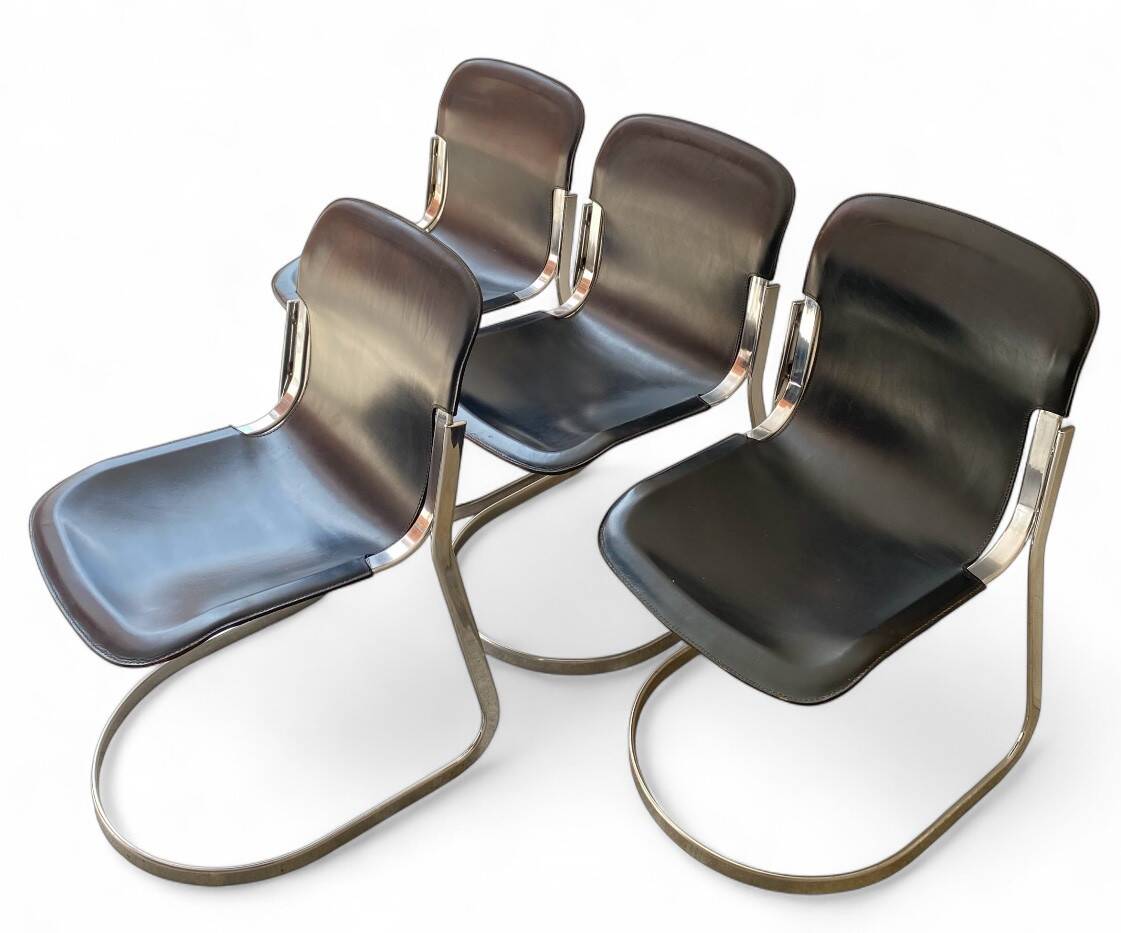4 leather and chrome metal chairs attributed to Willy Rizzo, 1970s