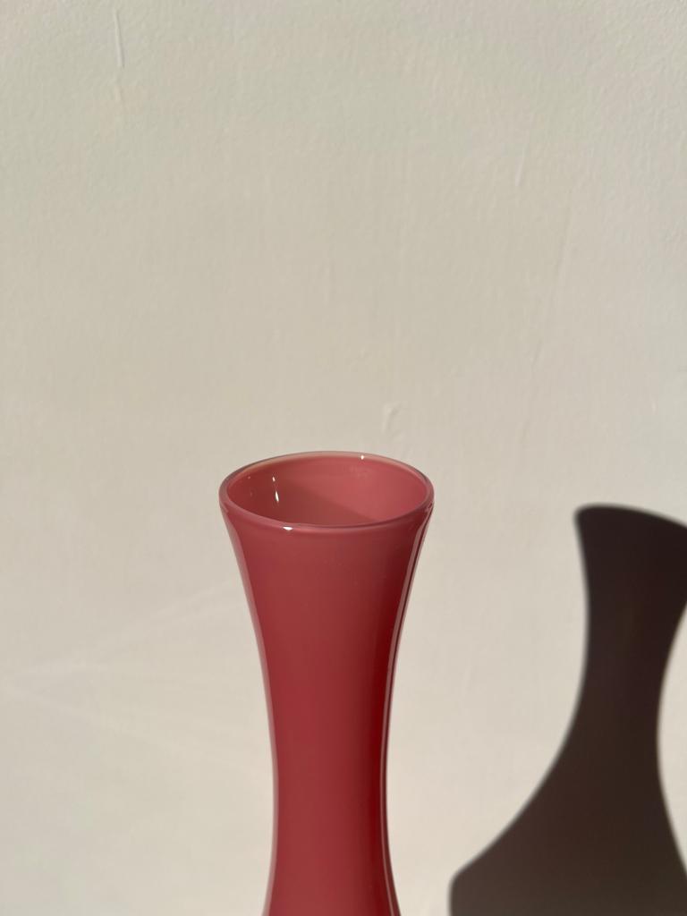Vintage pink opaline glass vase, white foot h: 53cm