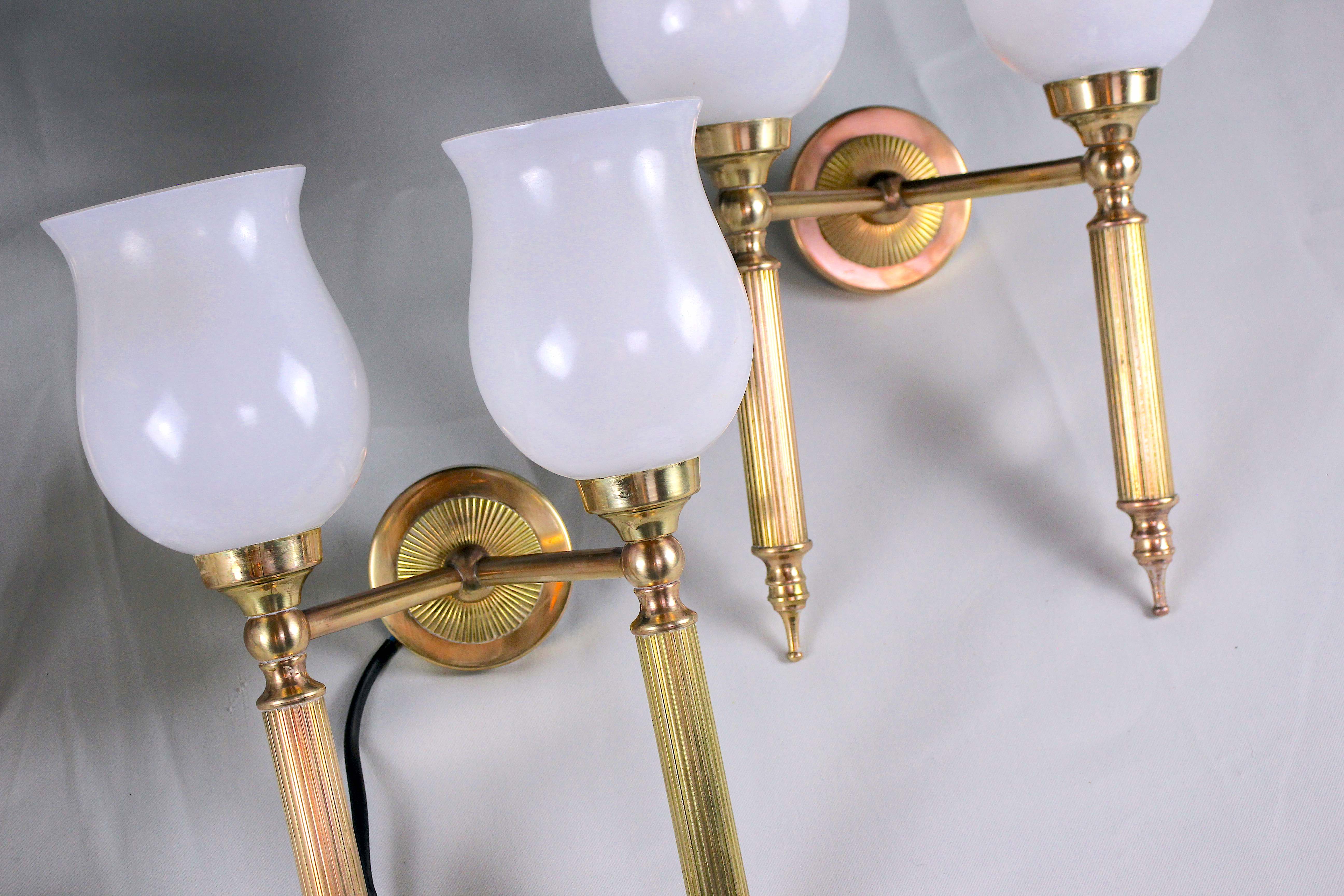 Pair, Neo-Classic Wall Sconces, with Original Tulip Opaline, Maison Jansen France Mid-Century