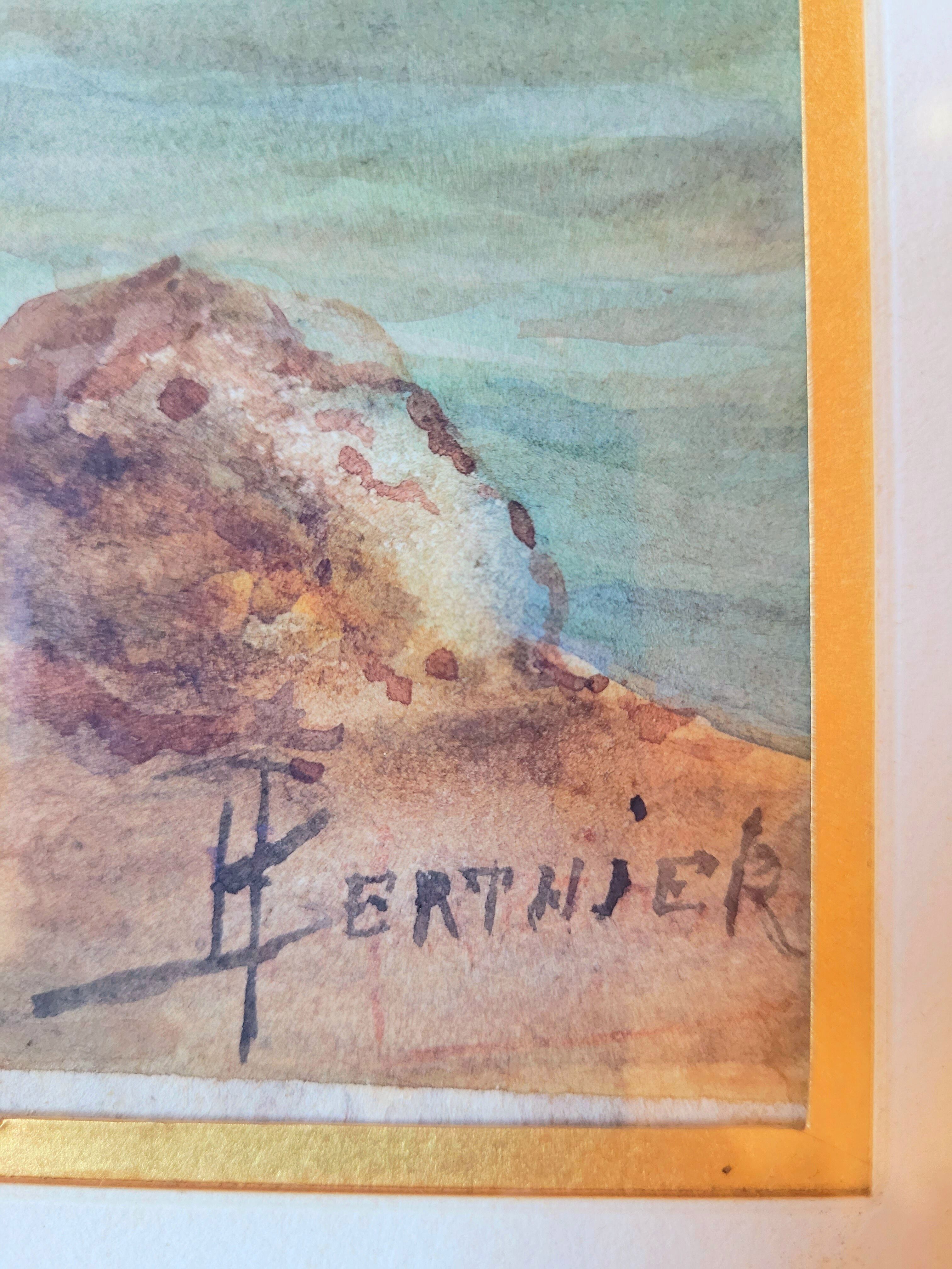 Ancien grand tableau aquarelle vintage signée Paul Berthier fin  XIXe début XXe