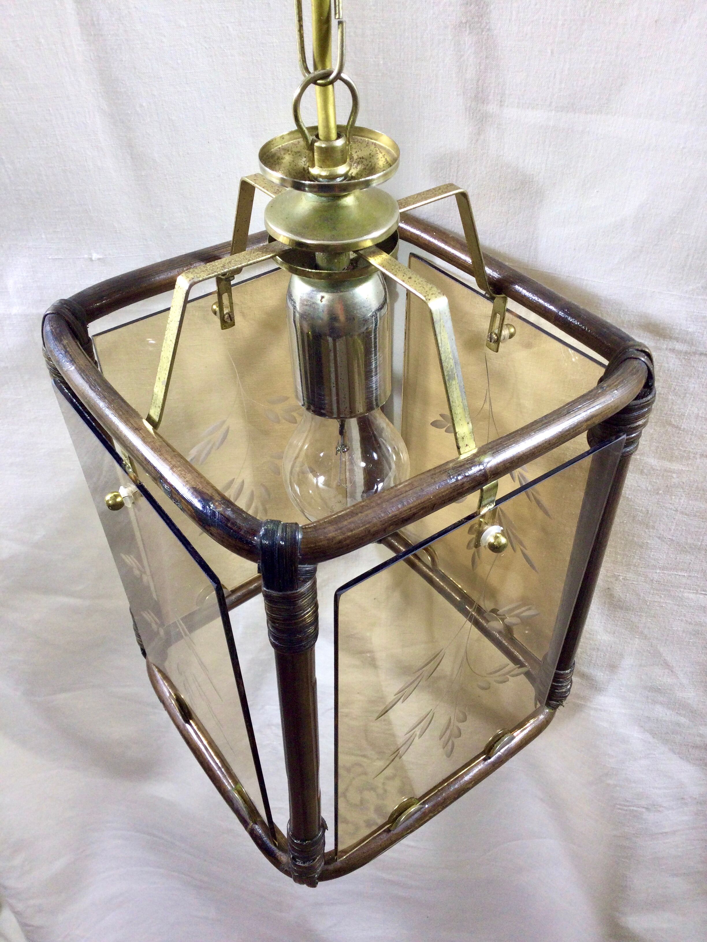 Lantern 1 light bamboo and smoked glasses