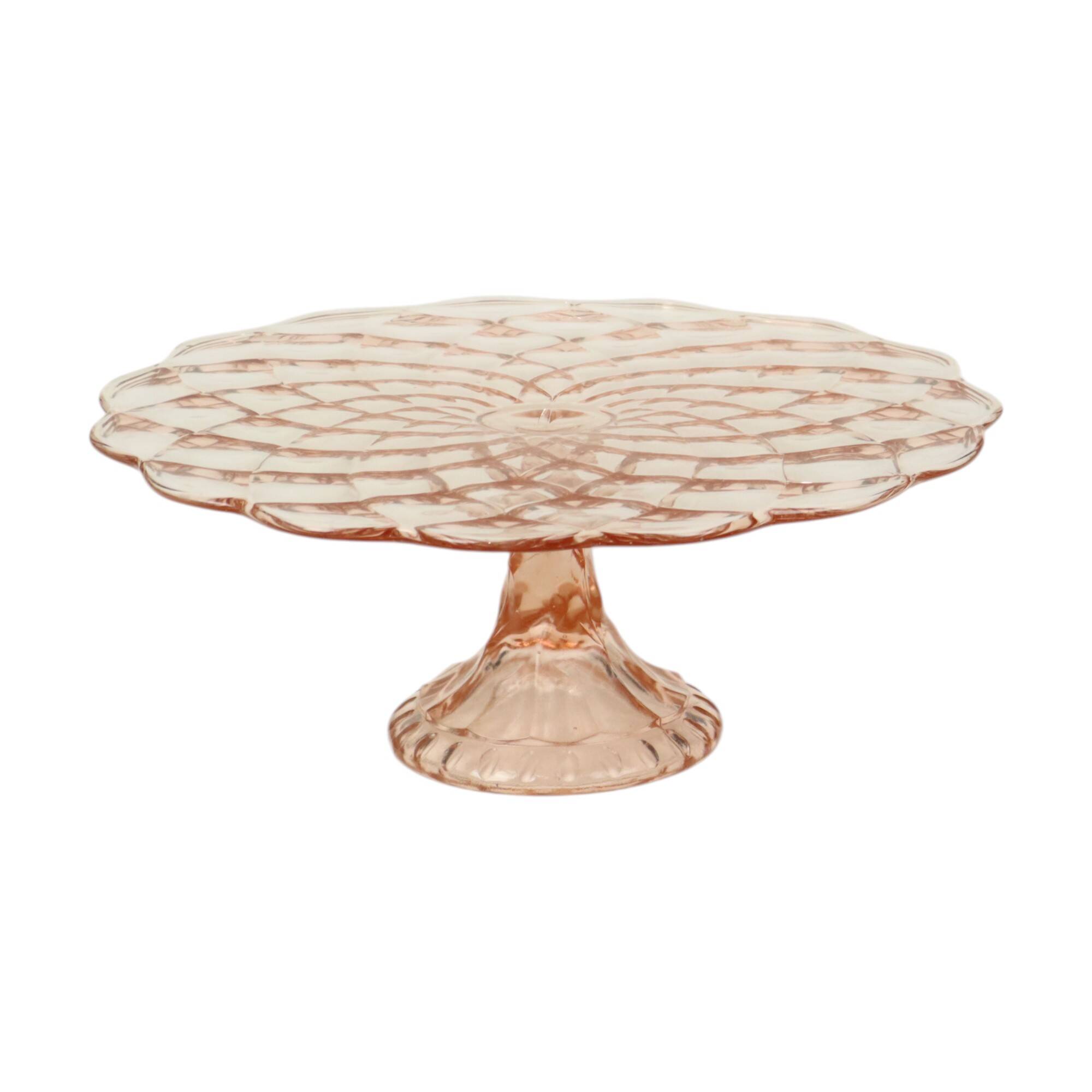 Pink Cake Stand Art Deco Pressed Glass Diamond Pattern