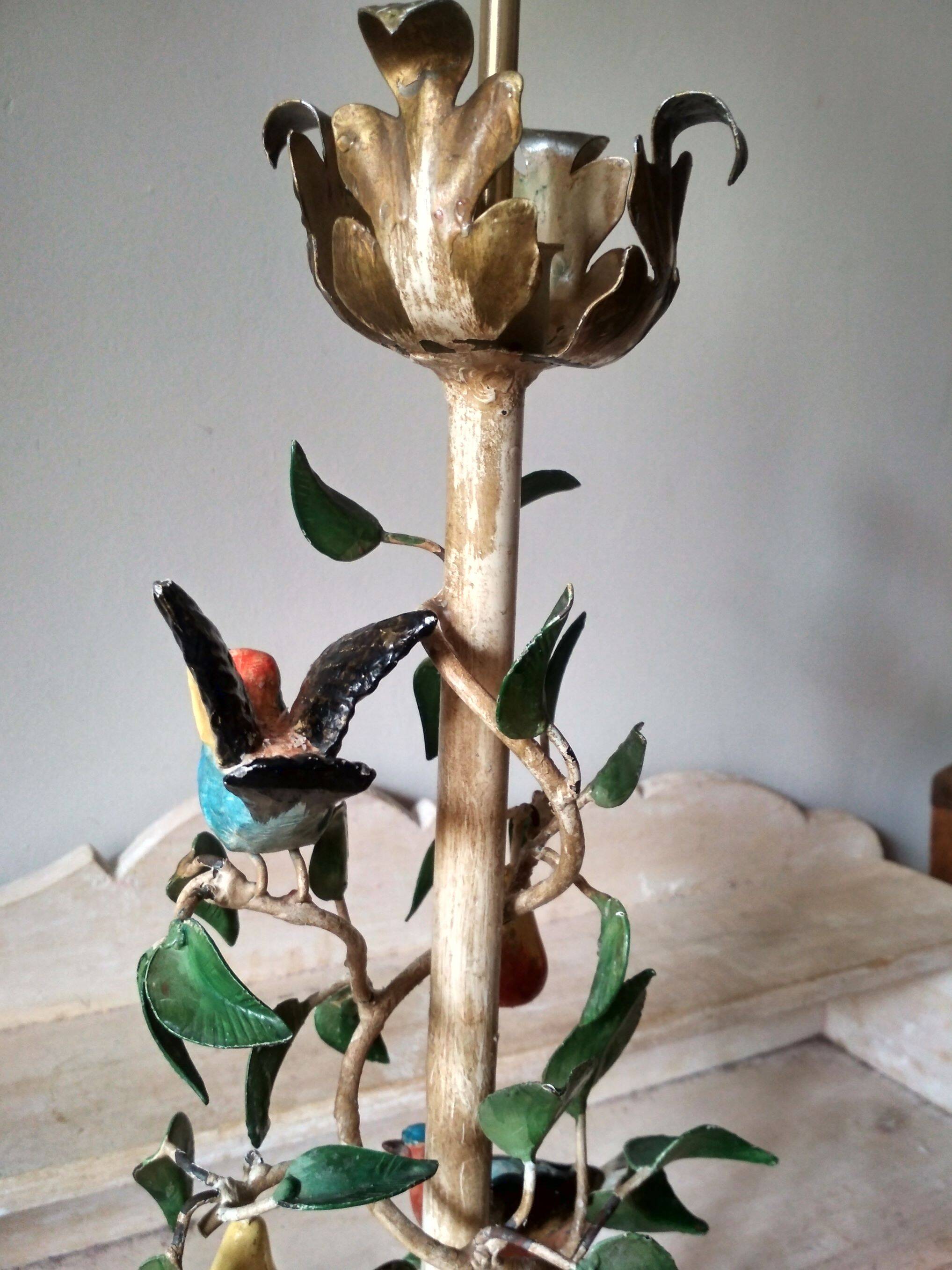 Painted metal candle holder lamp - wrought iron fruit and bird lamp base