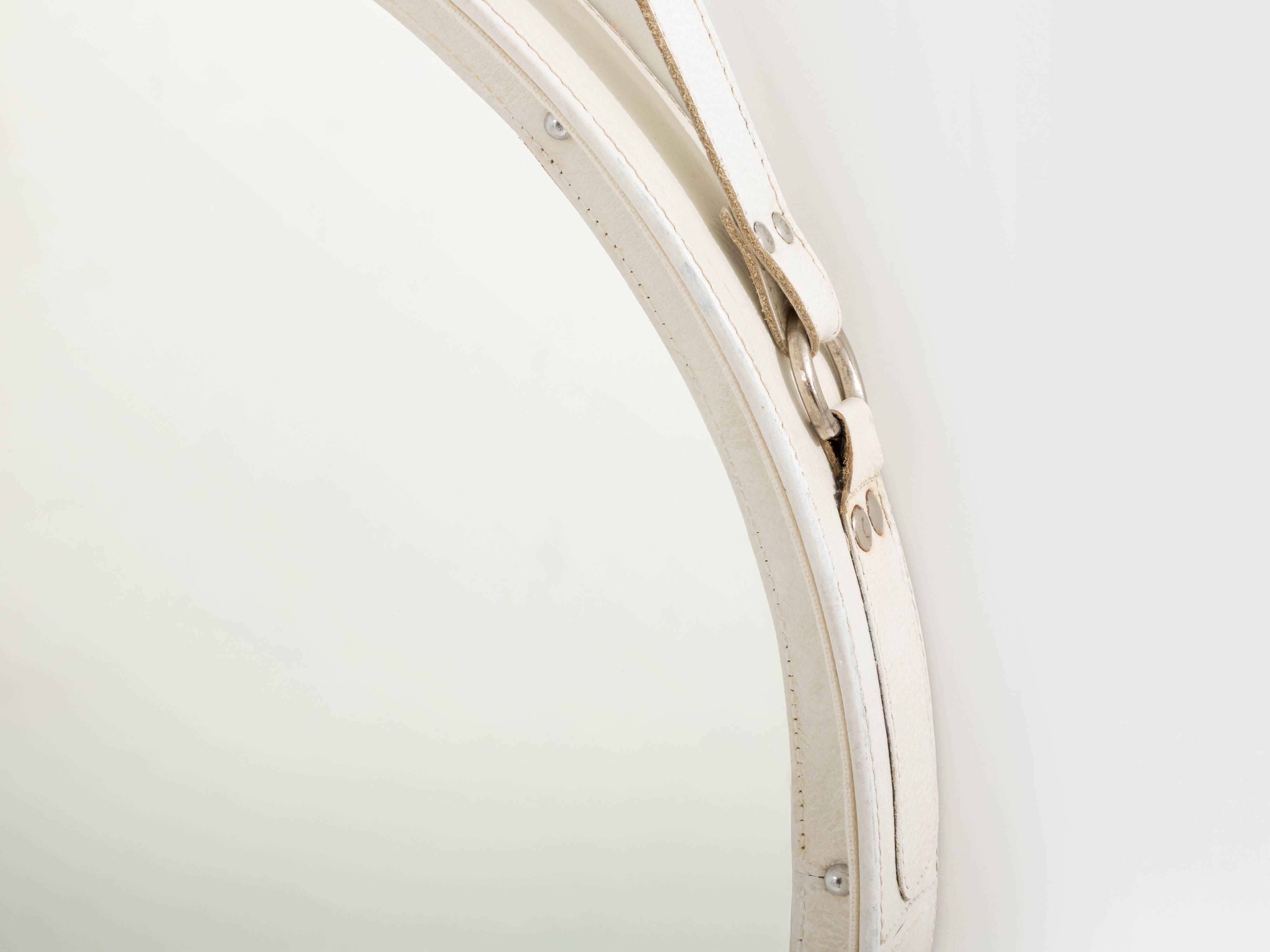 Jacques Adnet original cream leather mirror from around 1940.