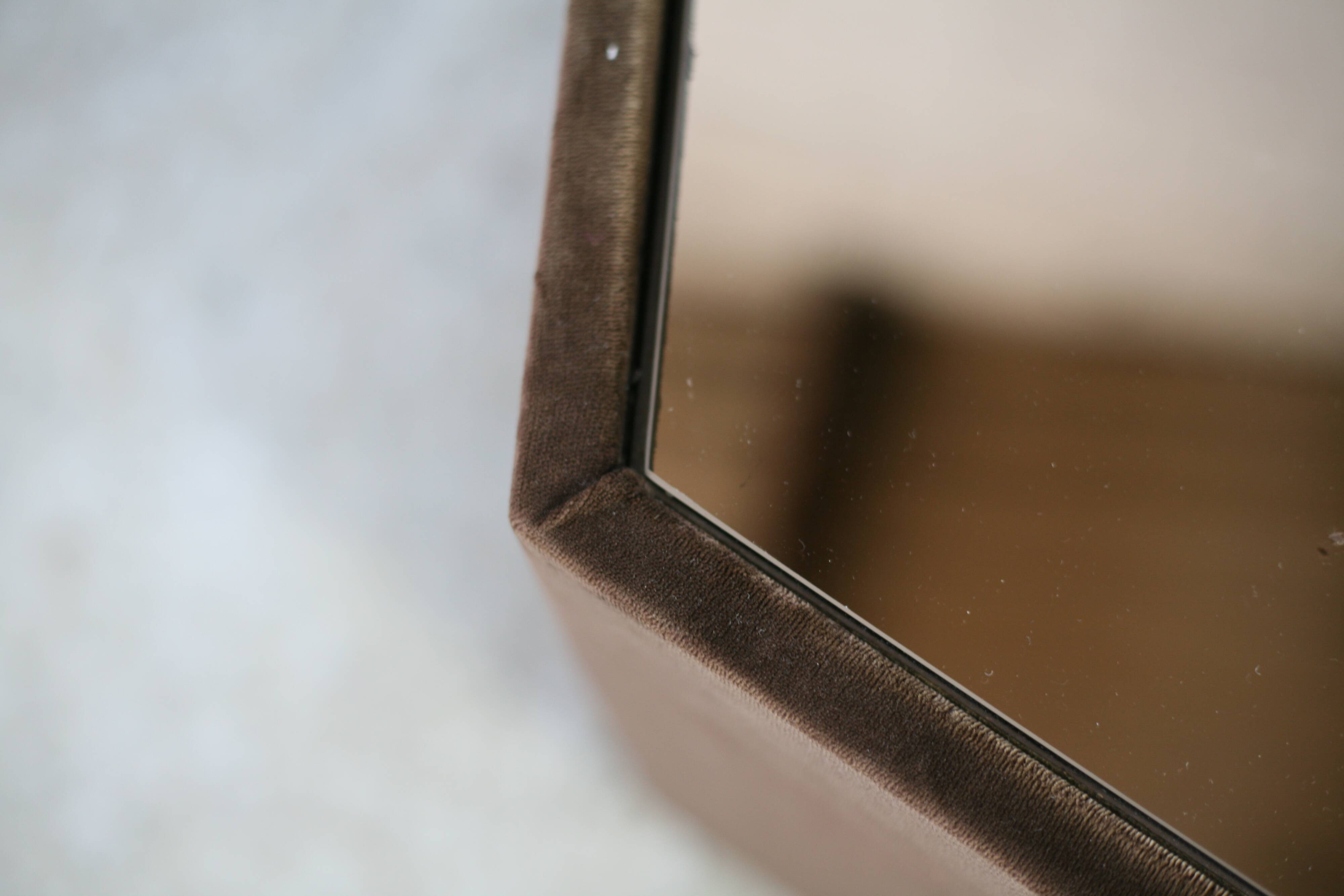 Space age table, hexagonal. Wood, velvet and smoked mirror. Circa 1970