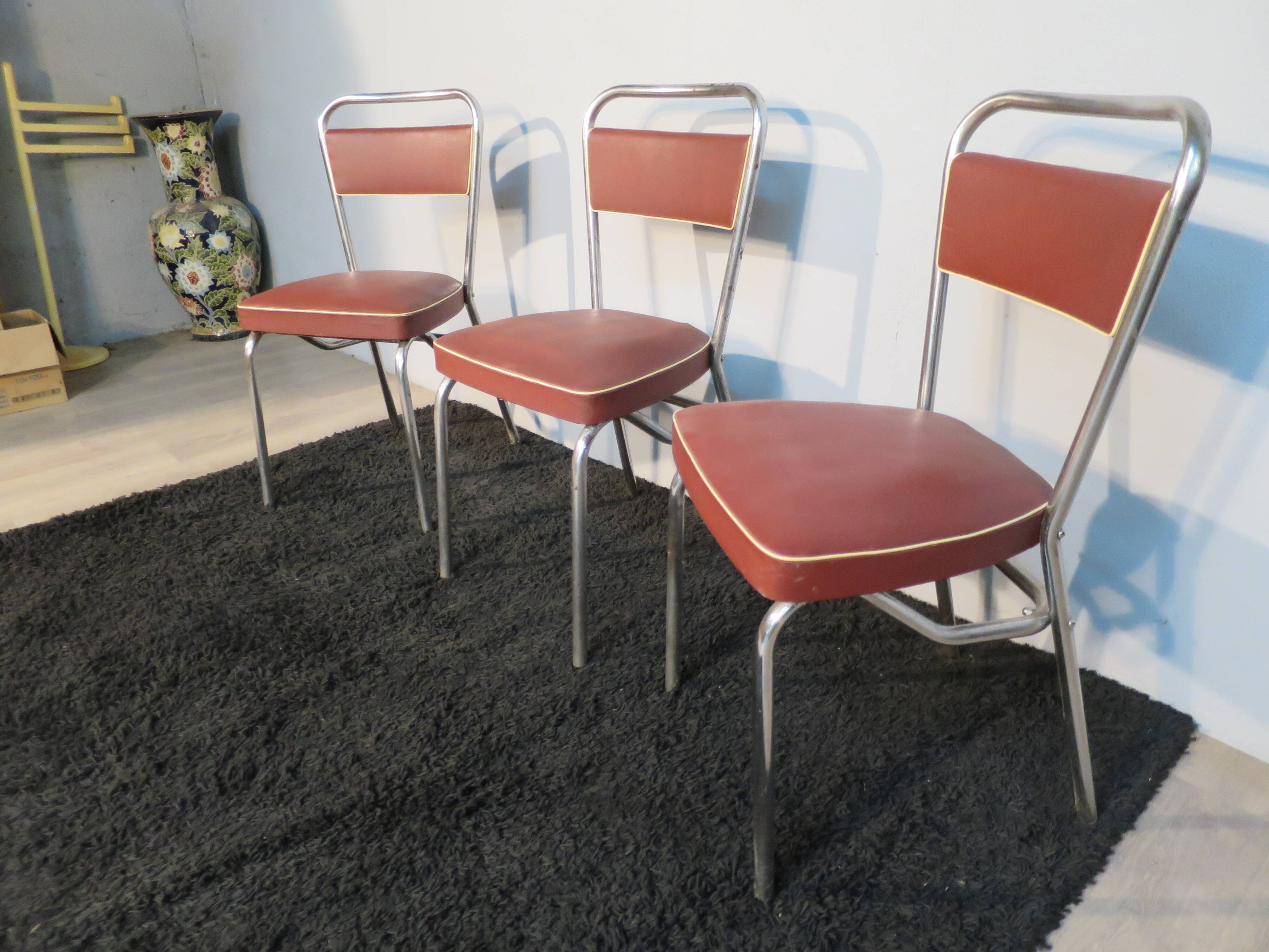 set of 3 burgundy skai industrial chairs