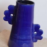 Handmade ceramic abstract vase with asymmetrical floral handles midnight blue