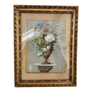 Aquarelle, bouquet de marié, XIXème siècle, école française, corne, encadré, cadre doré