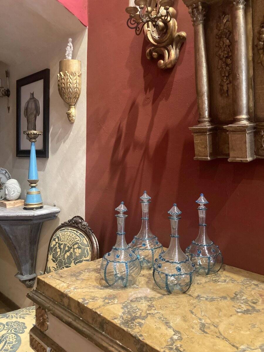18th Century Italian Murano Clear Glass and Blue Trimmed Blown Glass Bottle