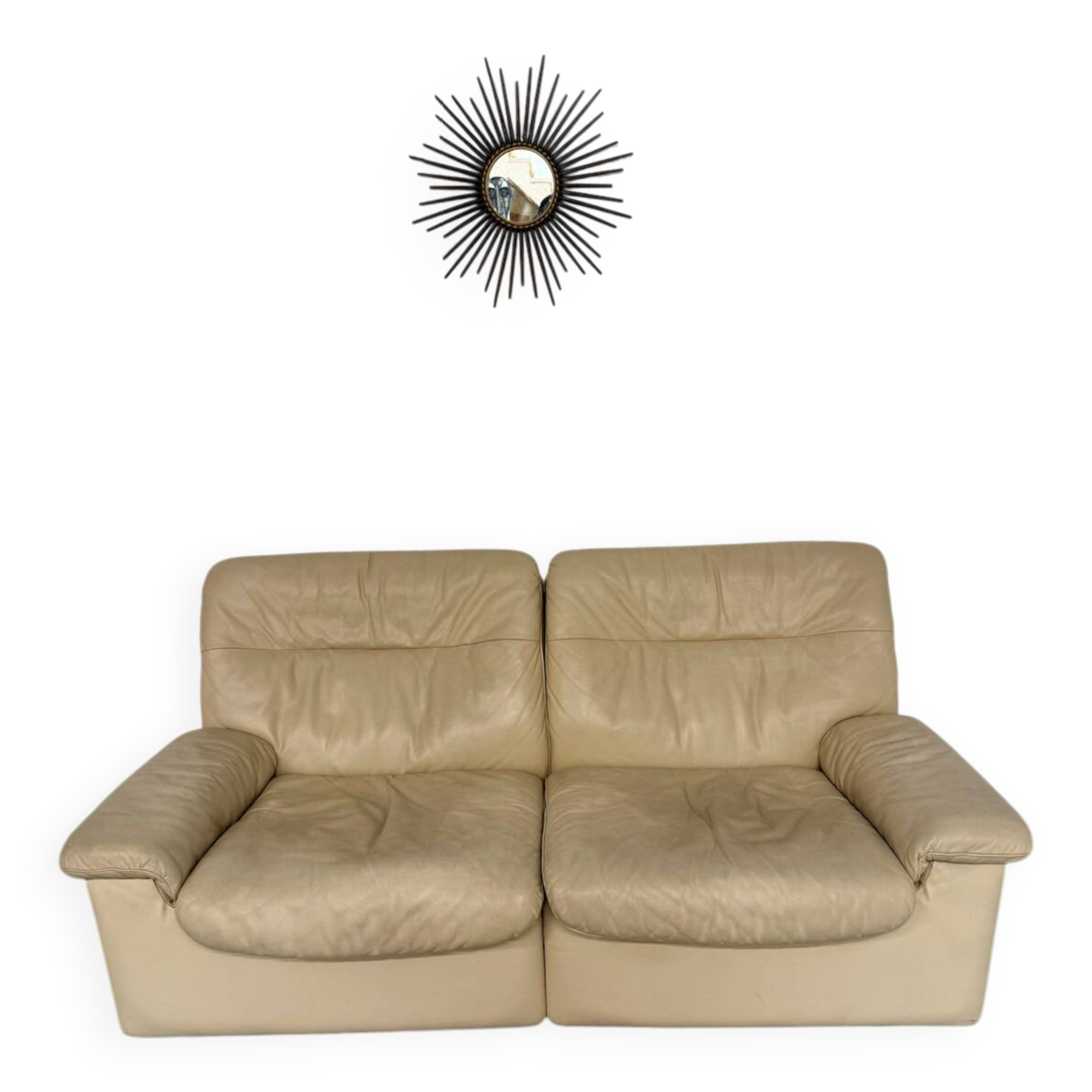 Old 2-seater beige leather sofa designed by Carl Larsson De Sede, vintage 80s