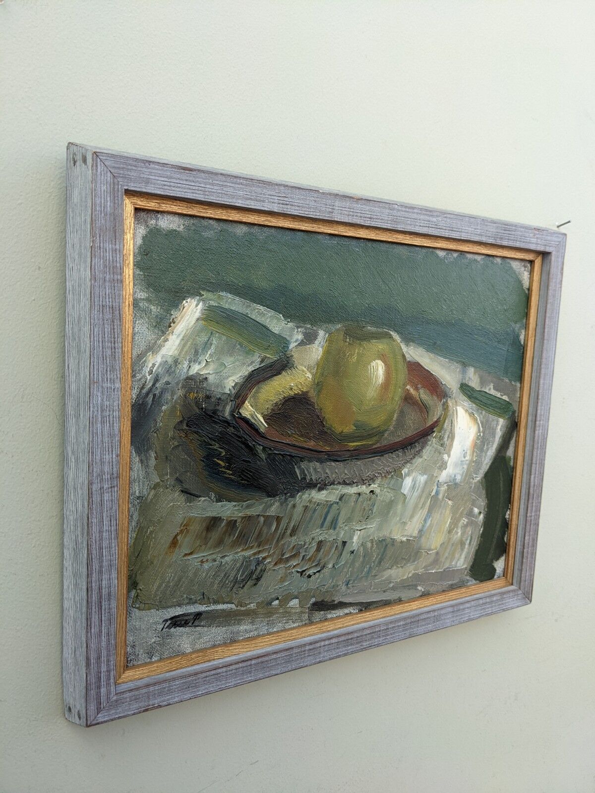 Mid-Century Modern "The Green Apple" Swedish Expressionist Still Life Oil Painting, Framed