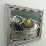 Mid-Century Modern "The Green Apple" Swedish Expressionist Still Life Oil Painting, Framed