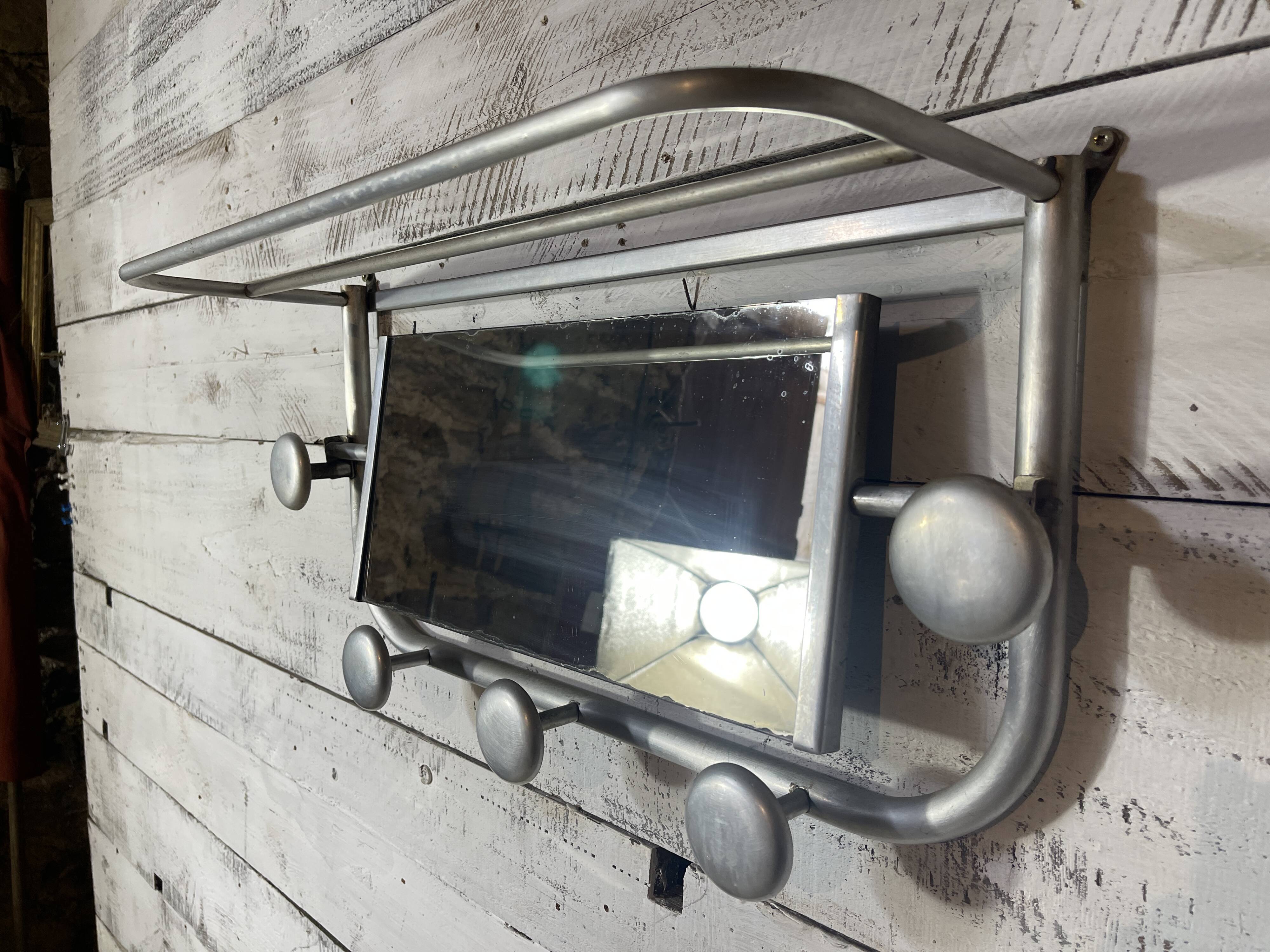 Aluminum wall-mounted coat rack with mirror