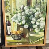 Canvas bouquet camaïeu of green signed Bourrat frame raw wood