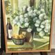 Toile bouquet camaïeu de vert signé Bourrat cadre bois brut